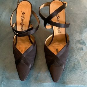 Yves Saint Laurent Black Satin Slingback Criss Cross Pumps size 7.5